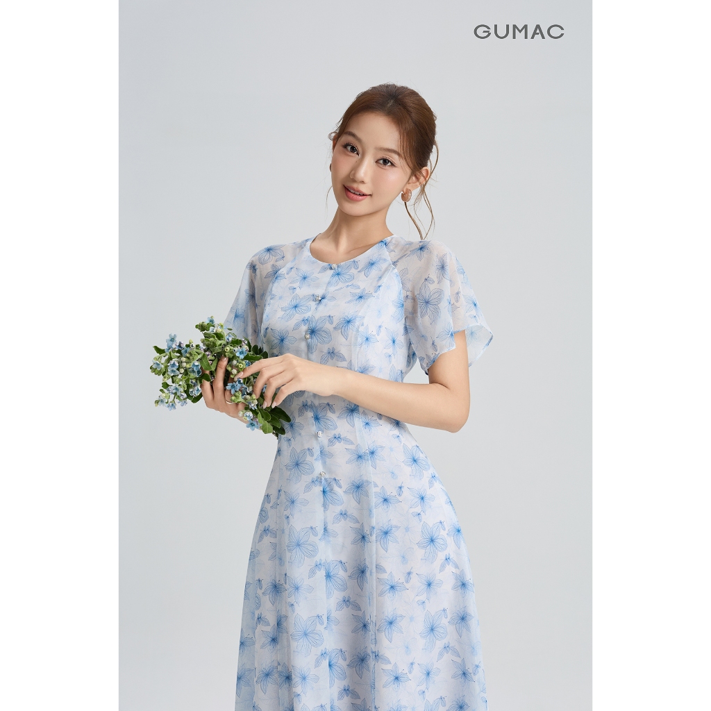 Đầm Nữ GUMAC Form A Xòe Cổ Tròn Tay Cánh Tiên Mềm Mại Nút Dọc Giữa Thân Tinh Tế Hiện Đại DG06035