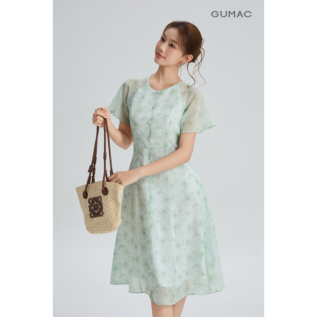 Đầm Nữ GUMAC Form A Xòe Cổ Tròn Tay Cánh Tiên Mềm Mại Nút Dọc Giữa Thân Tinh Tế Hiện Đại DG06035