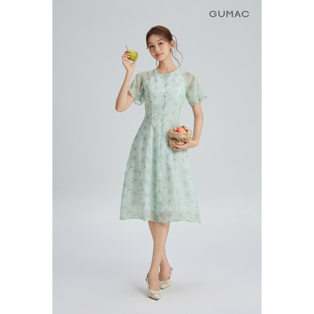 Đầm Nữ GUMAC Form A Xòe Cổ Tròn Tay Cánh Tiên Mềm Mại Nút Dọc Giữa Thân Tinh Tế Hiện Đại DG06035