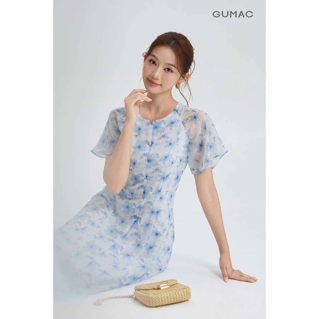Đầm Nữ GUMAC Form A Xòe Cổ Tròn Tay Cánh Tiên Mềm Mại Nút Dọc Giữa Thân Tinh Tế Hiện Đại DG06035