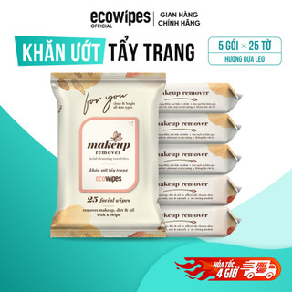 Combo 05 gói khăn ướt tẩy trang nhanh EcoWipes gói 25 tờ hương dưa leo