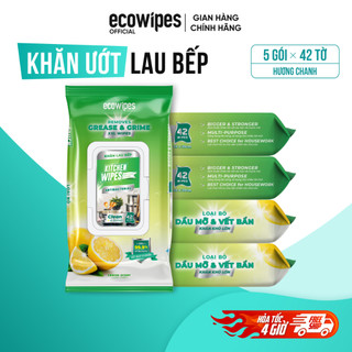 Thùng 05 gói khăn ướt lau bếp cao cấp Kitchen EcoWipes gói 42 tờ size lớn hương chanh