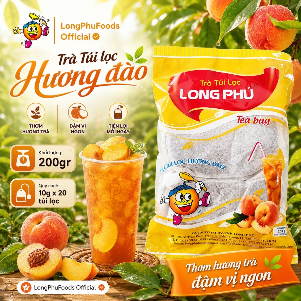Trà Đào Túi Lọc LONG PHÚ gói 200gr - Chuyên Pha Trà Thông Dụng, Thơm, Đậm Vị Trà