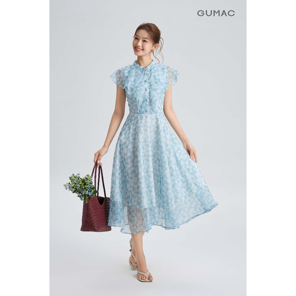 Đầm Nữ Dáng A Xòe GUMAC Cổ Trụ Bèo Vai Che Bắp Tay Nút Bọc Thanh Lịch Chất Tơ 2 Lớp Thanh Lịch DG06047