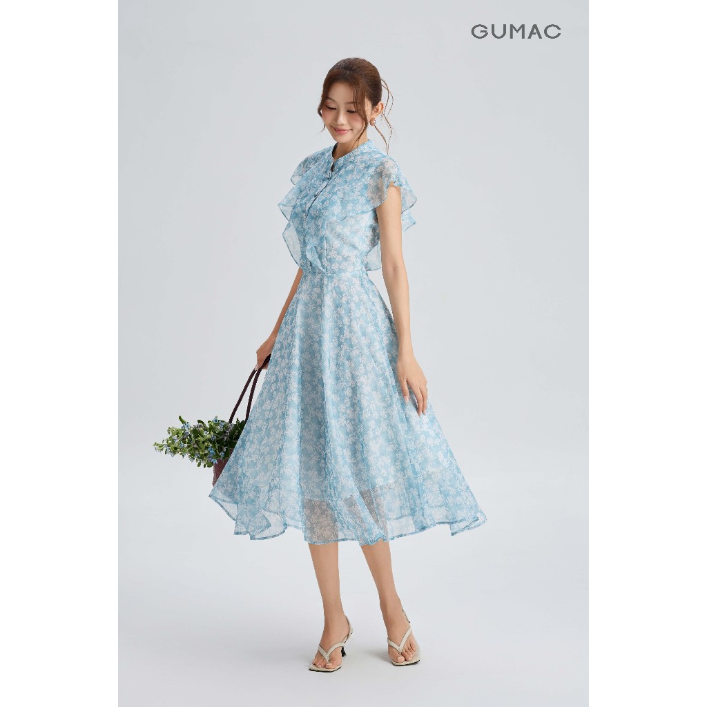 Đầm Nữ Dáng A Xòe GUMAC Cổ Trụ Bèo Vai Che Bắp Tay Nút Bọc Thanh Lịch Chất Tơ 2 Lớp Thanh Lịch DG06047