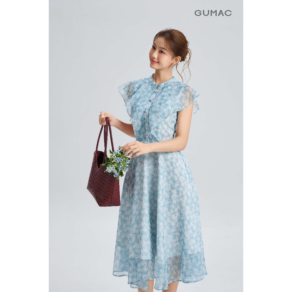 Đầm Nữ Dáng A Xòe GUMAC Cổ Trụ Bèo Vai Che Bắp Tay Nút Bọc Thanh Lịch Chất Tơ 2 Lớp Thanh Lịch DG06047