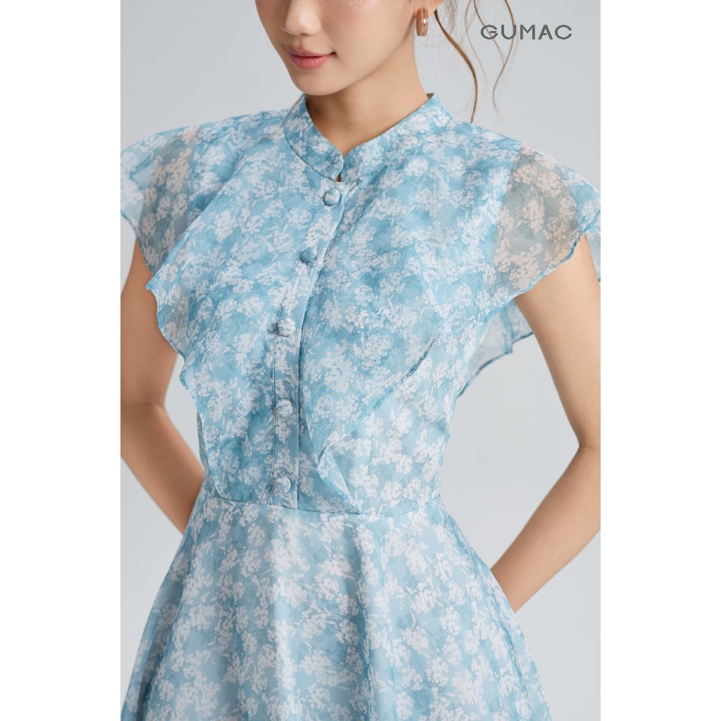 Đầm Nữ Dáng A Xòe GUMAC Cổ Trụ Bèo Vai Che Bắp Tay Nút Bọc Thanh Lịch Chất Tơ 2 Lớp Thanh Lịch DG06047