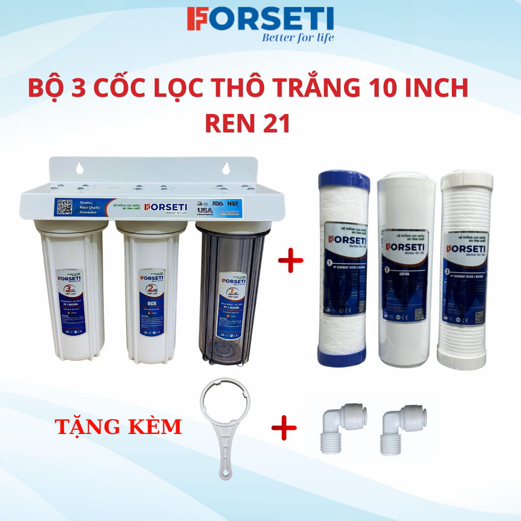Bộ 3 Cốc Lọc 10 inch Đầu Nguồn Cho Nước Sinh Hoạt Lắp Sẵn Ren 21 Forseti