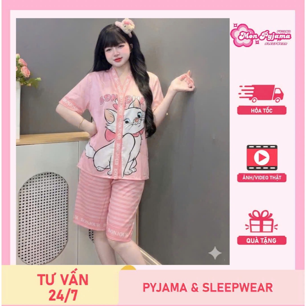 Đồ bộ mặc nhà nữ dễ thương,đồ bộ nữ lụa latin cổ Y,bộ ngủ nữ lửng mềm mịn mát họa tiết dễ thương[80]