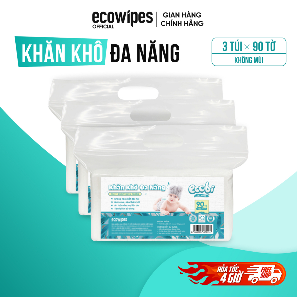 Combo 03 túi khăn vải khô đa năng cao cấp Ecobi túi 90 tờ không mùi