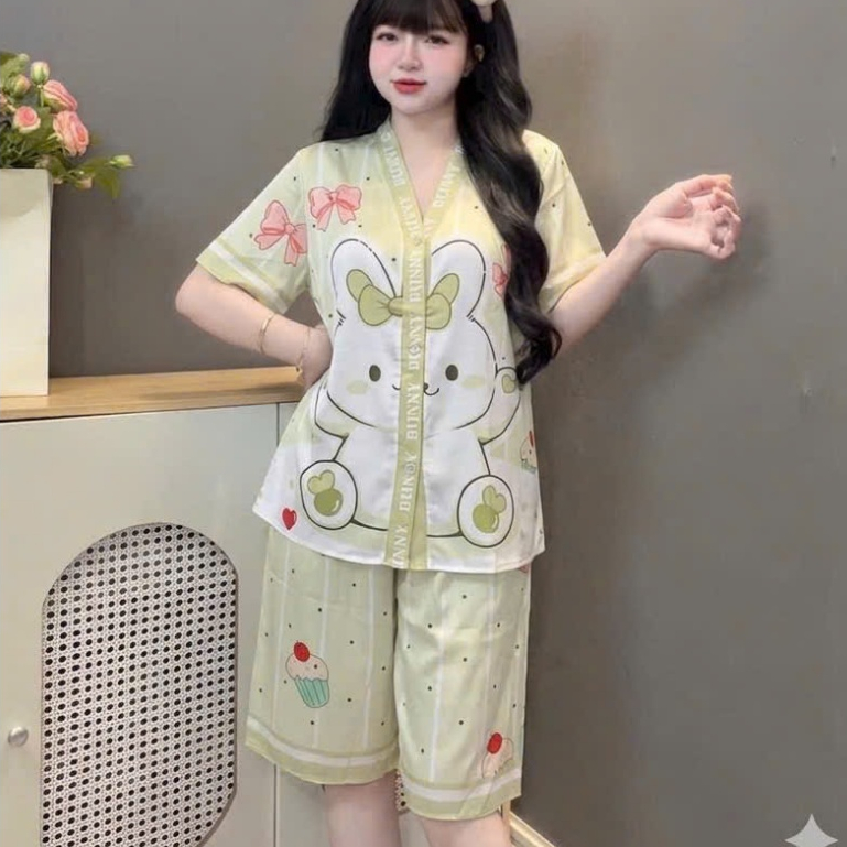 Đồ bộ mặc nhà nữ dễ thương,đồ bộ nữ lụa latin cổ Y,bộ ngủ nữ lửng mềm mịn mát họa tiết dễ thương[80]