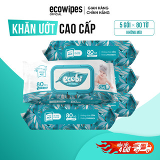 Thùng 05 gói khăn ướt cao cấp Ecobi gói 80 tờ không mùi