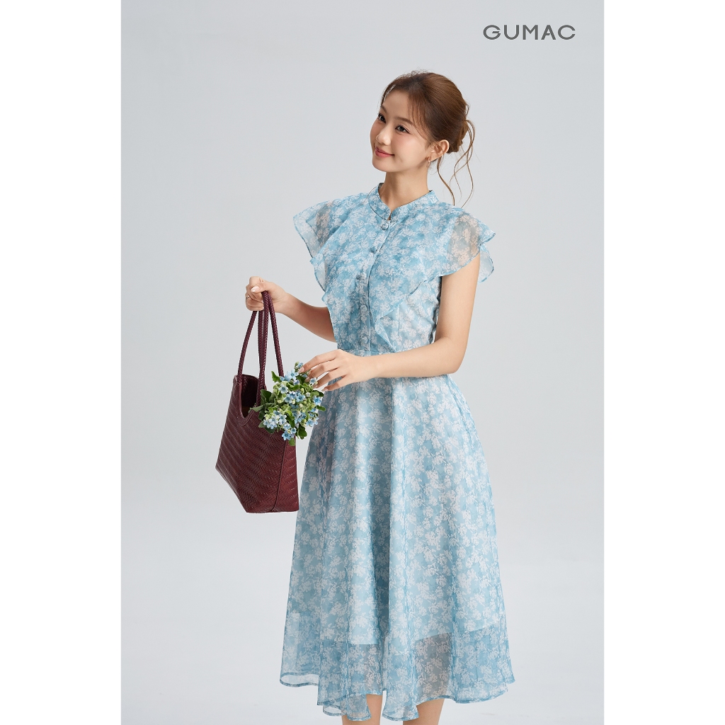 Đầm Nữ GUMAC Cổ Trụ Phối Cổ Tròn Bèo Thân Trước Mềm Mại Nút Bọc Sang Trọng Điểm Nhấn Tinh Tế DG06047