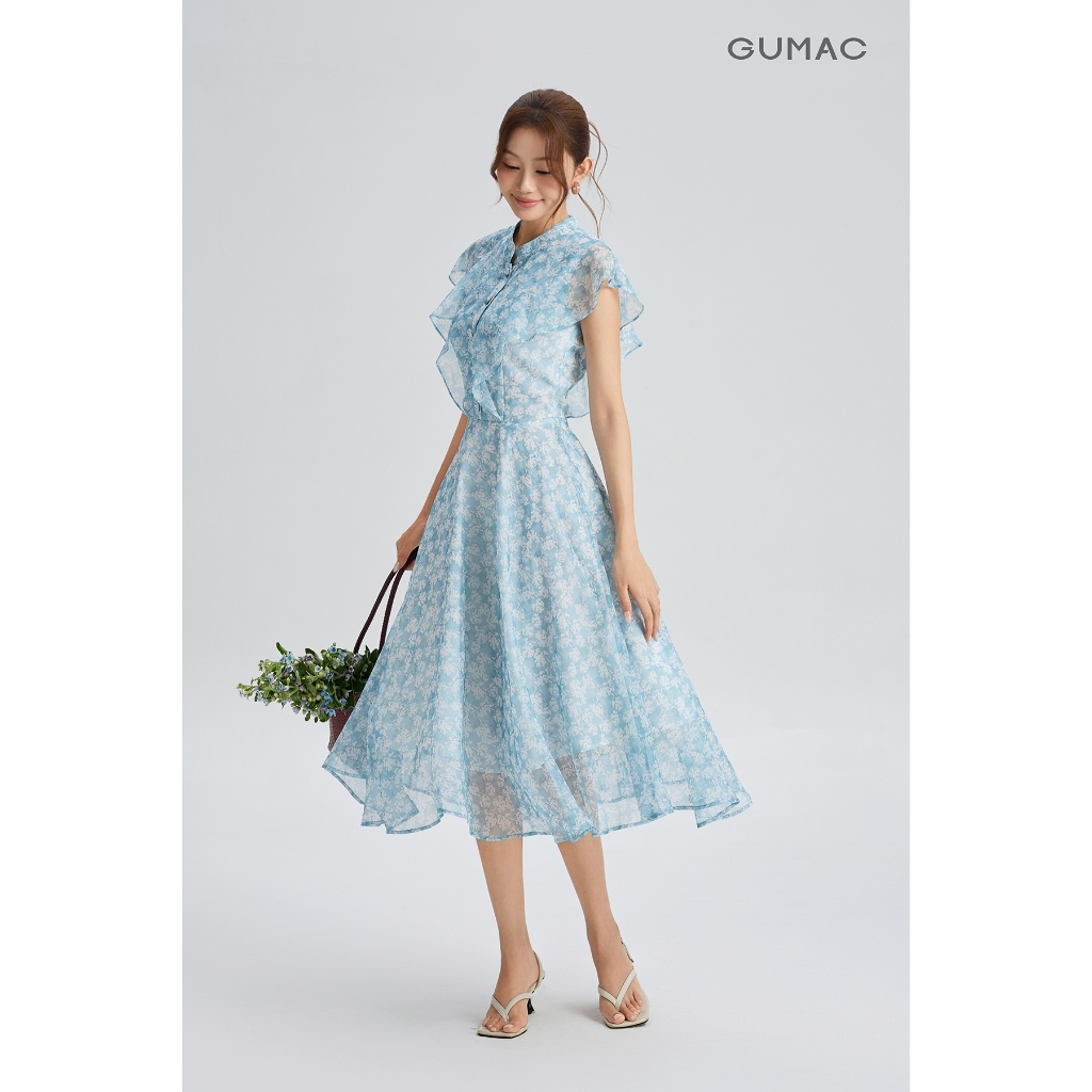 Đầm Nữ GUMAC Cổ Trụ Phối Cổ Tròn Bèo Thân Trước Mềm Mại Nút Bọc Sang Trọng Điểm Nhấn Tinh Tế DG06047