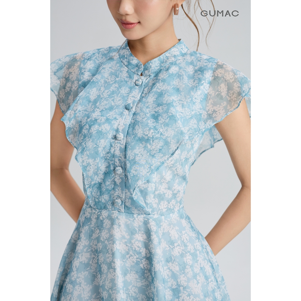 Đầm Nữ GUMAC Cổ Trụ Phối Cổ Tròn Bèo Thân Trước Mềm Mại Nút Bọc Sang Trọng Điểm Nhấn Tinh Tế DG06047