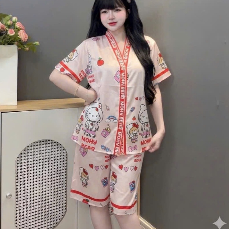 Đồ bộ mặc nhà nữ dễ thương,đồ bộ nữ lụa latin cổ Y,bộ ngủ nữ lửng mềm mịn mát họa tiết dễ thương[80]
