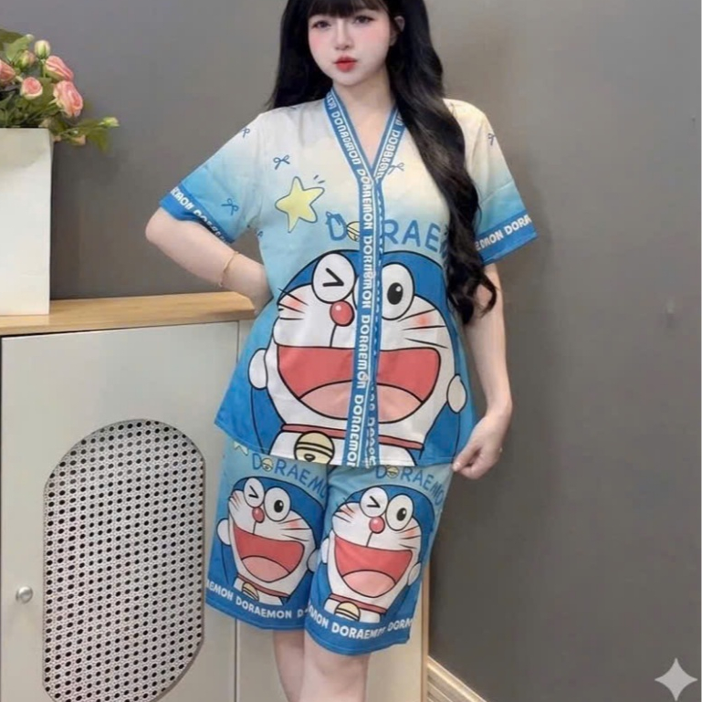 Đồ bộ mặc nhà nữ dễ thương,đồ bộ nữ lụa latin cổ Y,bộ ngủ nữ lửng mềm mịn mát họa tiết dễ thương[80]