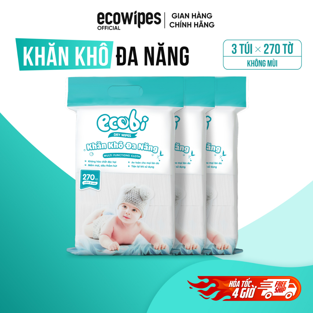 Combo 03 túi khăn lau cho bé cao cấp Ecobi 270 tờ không mùi mềm dai thấm hút tốt