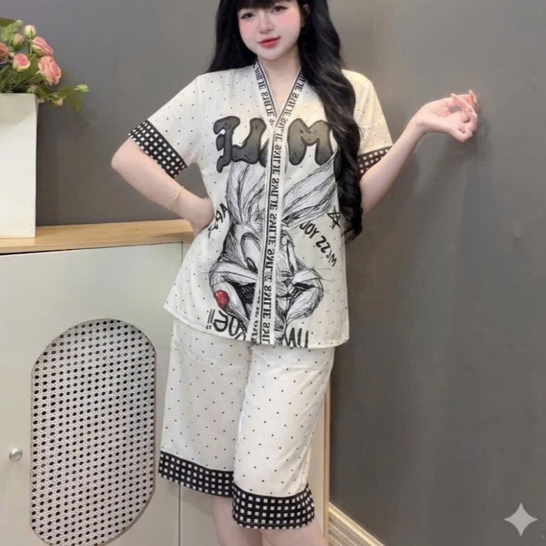 Đồ bộ mặc nhà nữ dễ thương,đồ bộ nữ lụa latin cổ Y,bộ ngủ nữ lửng mềm mịn mát họa tiết dễ thương[80]