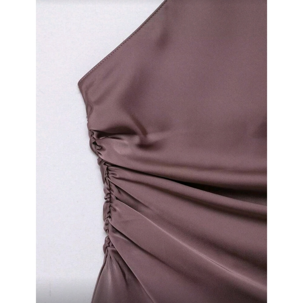 Áo hở lưng dây kiểu quấn cổ bằng satin có khóa kéo (Order 8 ngày)