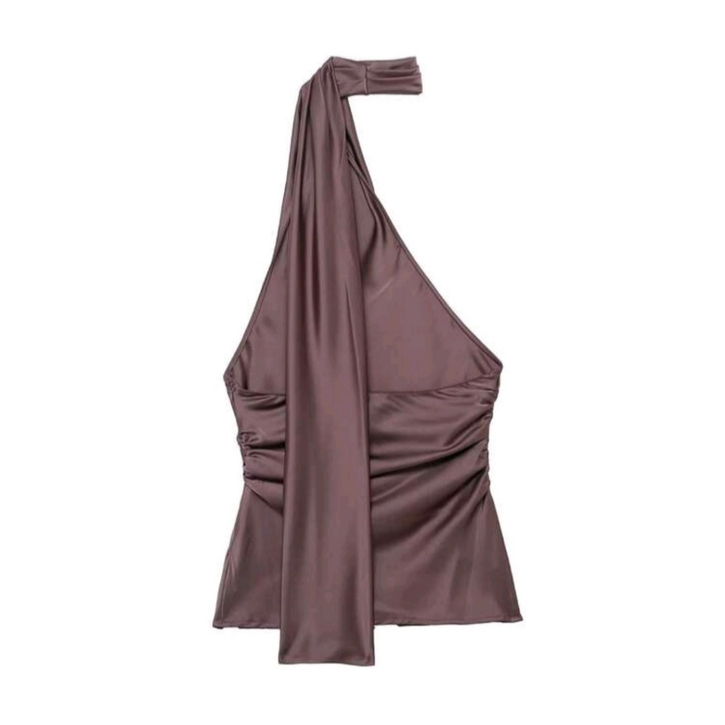 Áo hở lưng dây kiểu quấn cổ bằng satin có khóa kéo (Order 8 ngày)