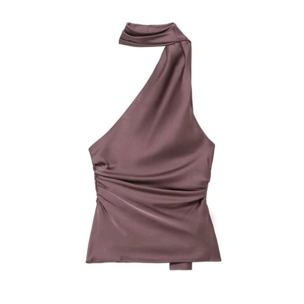 Áo hở lưng dây kiểu quấn cổ bằng satin có khóa kéo (Order 8 ngày)