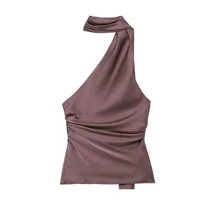 Áo hở lưng dây kiểu quấn cổ bằng satin có khóa kéo (Order 8 ngày)