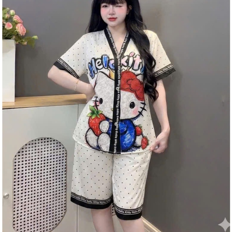 Đồ bộ mặc nhà nữ dễ thương,đồ bộ nữ lụa latin cổ Y,bộ ngủ nữ lửng mềm mịn mát họa tiết dễ thương[80]