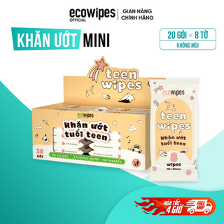 Hộp 20 gói khăn ướt mini size Teen EcoWipes gói 8 tờ không mùi