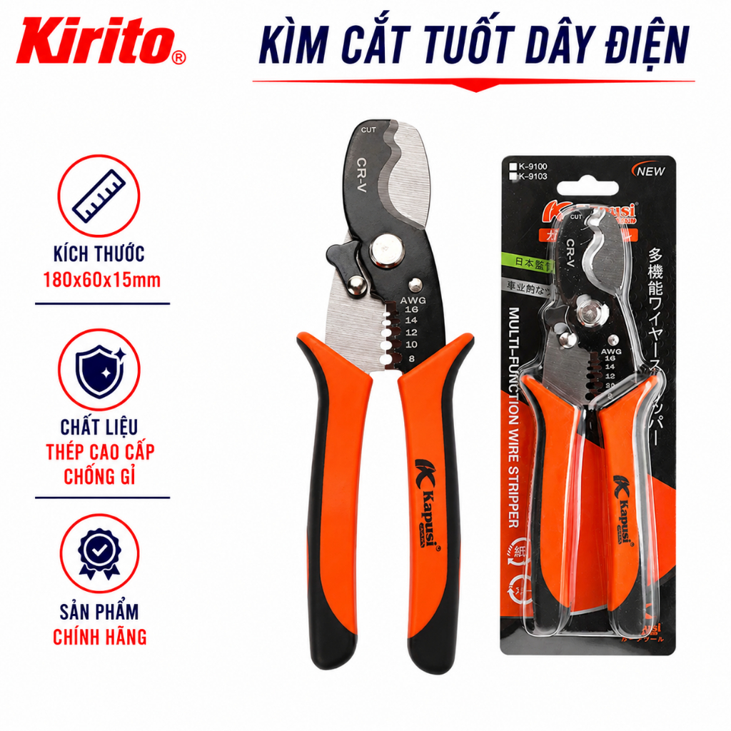 Kìm Cắt Cáp & Tuốt Dây Điện KAPUSI JAPAN K9101 Đa Năng Cắt Cáp 28mm