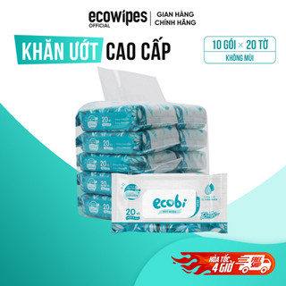 Túi 10 gói khăn ướt cao cấp Ecobi gói 20 tờ không mùi