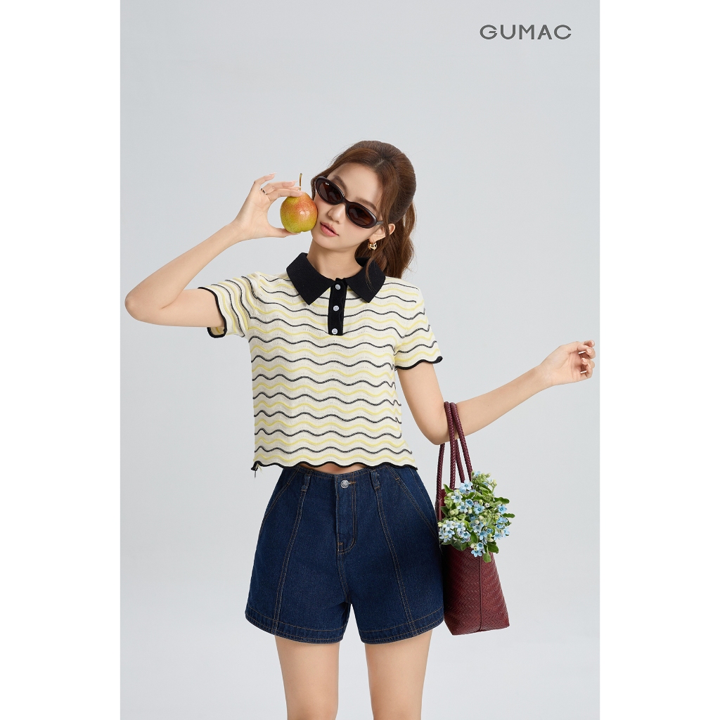 Áo Polo Nữ GUMAC Form Suông Lửng Họa Tiết Vân Sóng Cá Tính Thời Trang APG04039