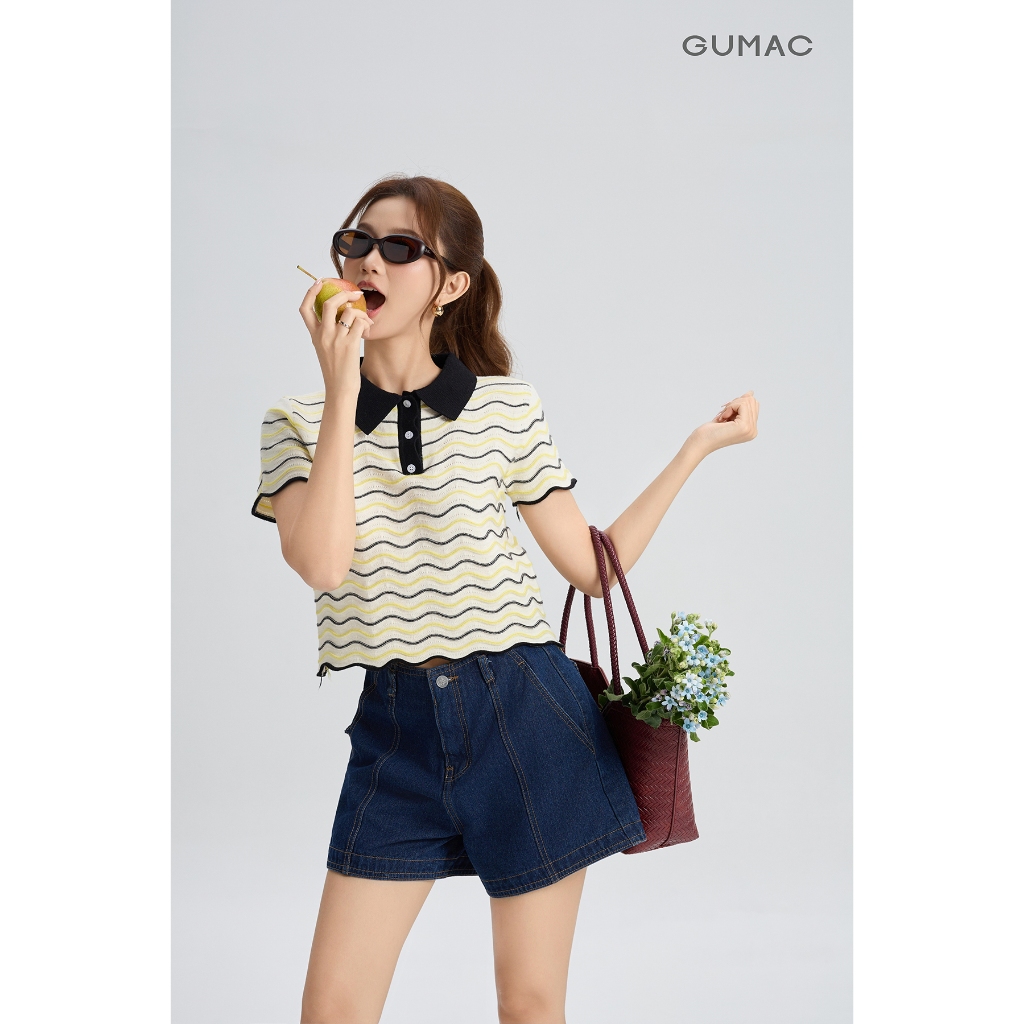 Áo Polo Nữ GUMAC Form Suông Lửng Họa Tiết Vân Sóng Cá Tính Thời Trang APG04039