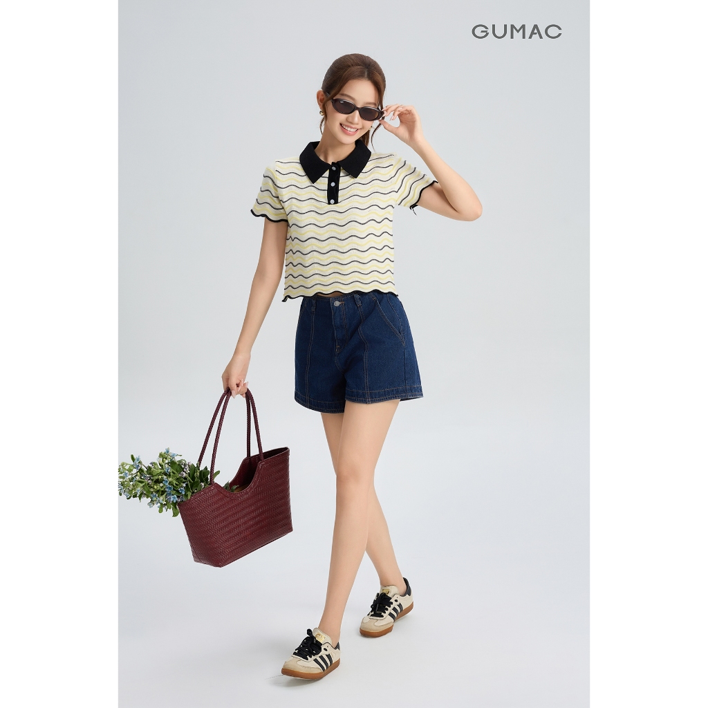 Áo Polo Nữ GUMAC Form Suông Lửng Họa Tiết Vân Sóng Cá Tính Thời Trang APG04039