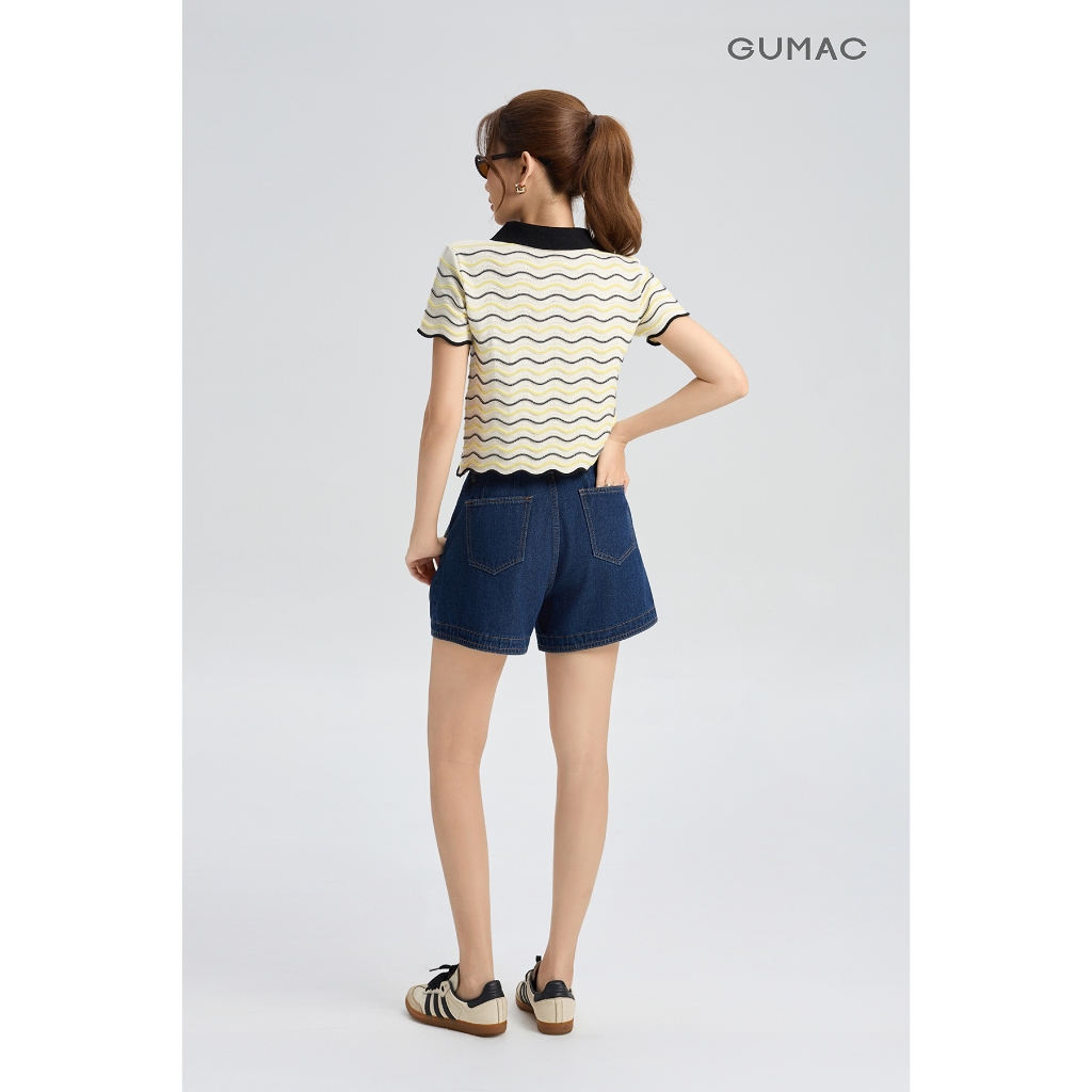Áo Polo Nữ GUMAC Form Suông Lửng Họa Tiết Vân Sóng Cá Tính Thời Trang APG04039