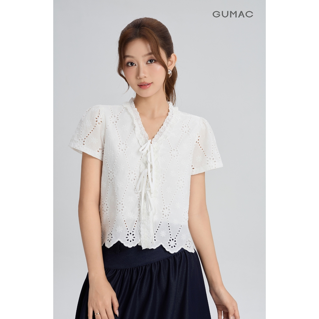 Áo Kiểu Nữ Gmorning - GUMAC Form Suông Lửng Cổ V Phối Ren Thanh Lịch Hiện Đại YAG05062