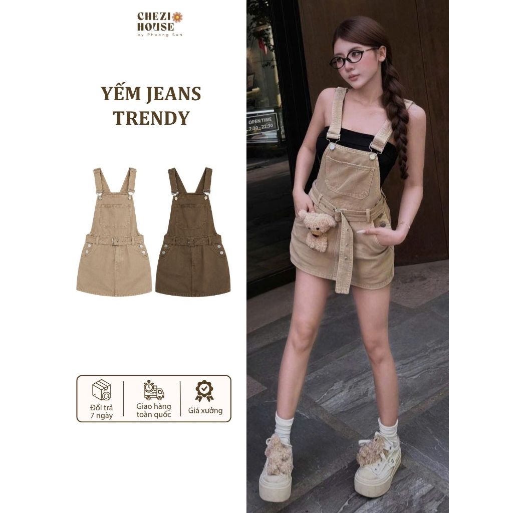 Yếm Jean Nữ Kèm Đai Màu Nâu/ Be CHEZI HOUSE Vải Qc Đẹp #8616 Dáng Ngắn  Hack Dáng Dễ Phối Đồ.