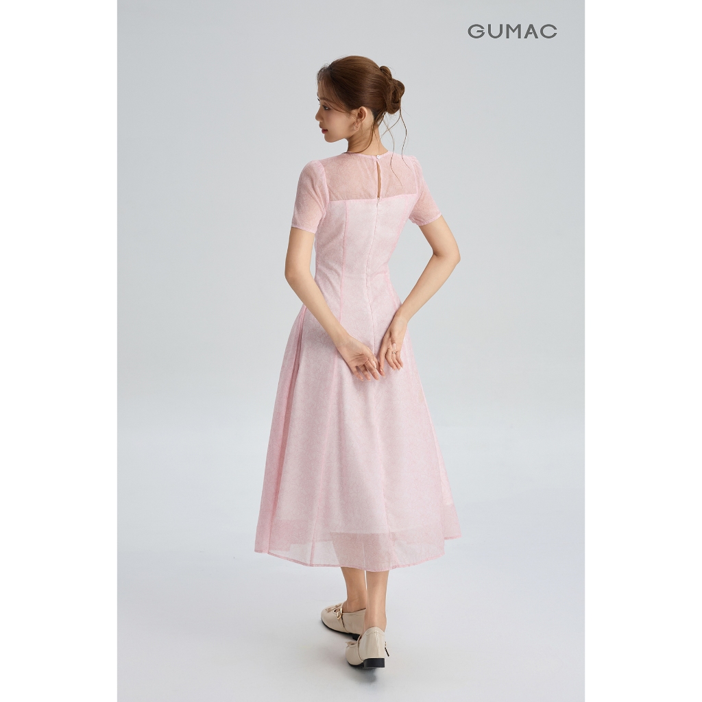 Đầm Nữ GUMAC Form A Xòe Cổ Tròn Phối Nơ Cách Điệu Họa Tiết Hoa Thanh Lịch Nữ Tính DG05070