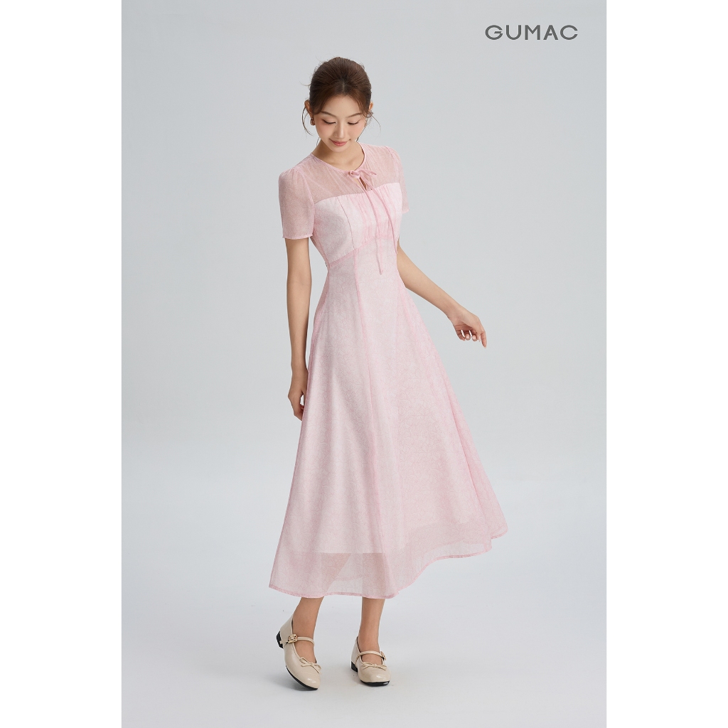 Đầm Nữ GUMAC Form A Xòe Cổ Tròn Phối Nơ Cách Điệu Họa Tiết Hoa Thanh Lịch Nữ Tính DG05070