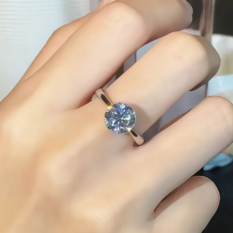 Nhẫn nữ, bản tròn, đính kim cương moissanite 6,5mm.