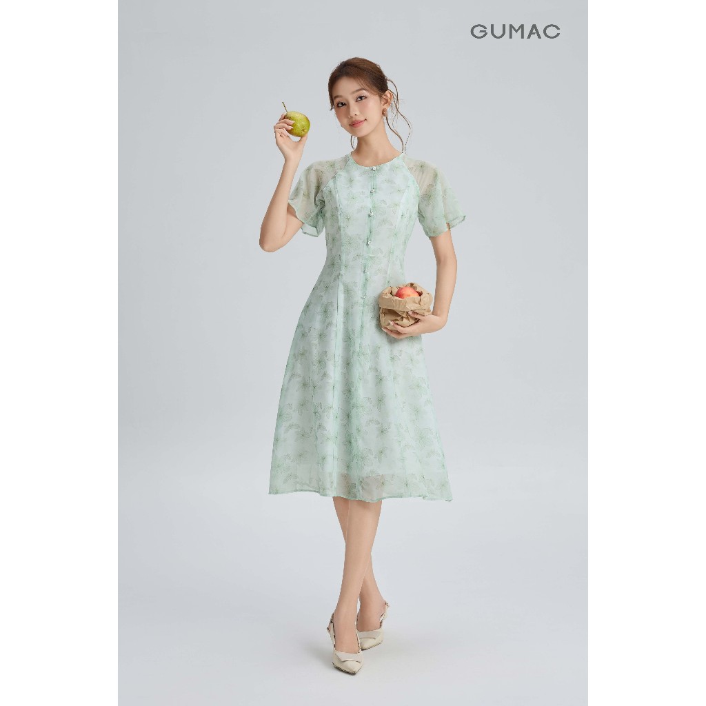 Đầm Nữ Dáng A Xòe GUMAC Cổ Tròn Tay Cánh Tiên Đính Nút Trang Trí Chất Tơ 2 Lớp Bay Nhẹ Thanh Lịch DG06035