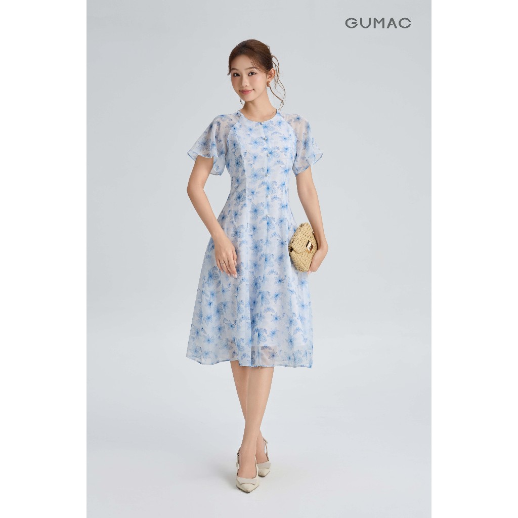 Đầm Nữ Dáng A Xòe GUMAC Cổ Tròn Tay Cánh Tiên Đính Nút Trang Trí Chất Tơ 2 Lớp Bay Nhẹ Thanh Lịch DG06035