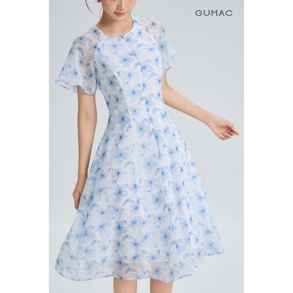 Đầm Nữ Dáng A Xòe GUMAC Cổ Tròn Tay Cánh Tiên Đính Nút Trang Trí Chất Tơ 2 Lớp Bay Nhẹ Thanh Lịch DG06035