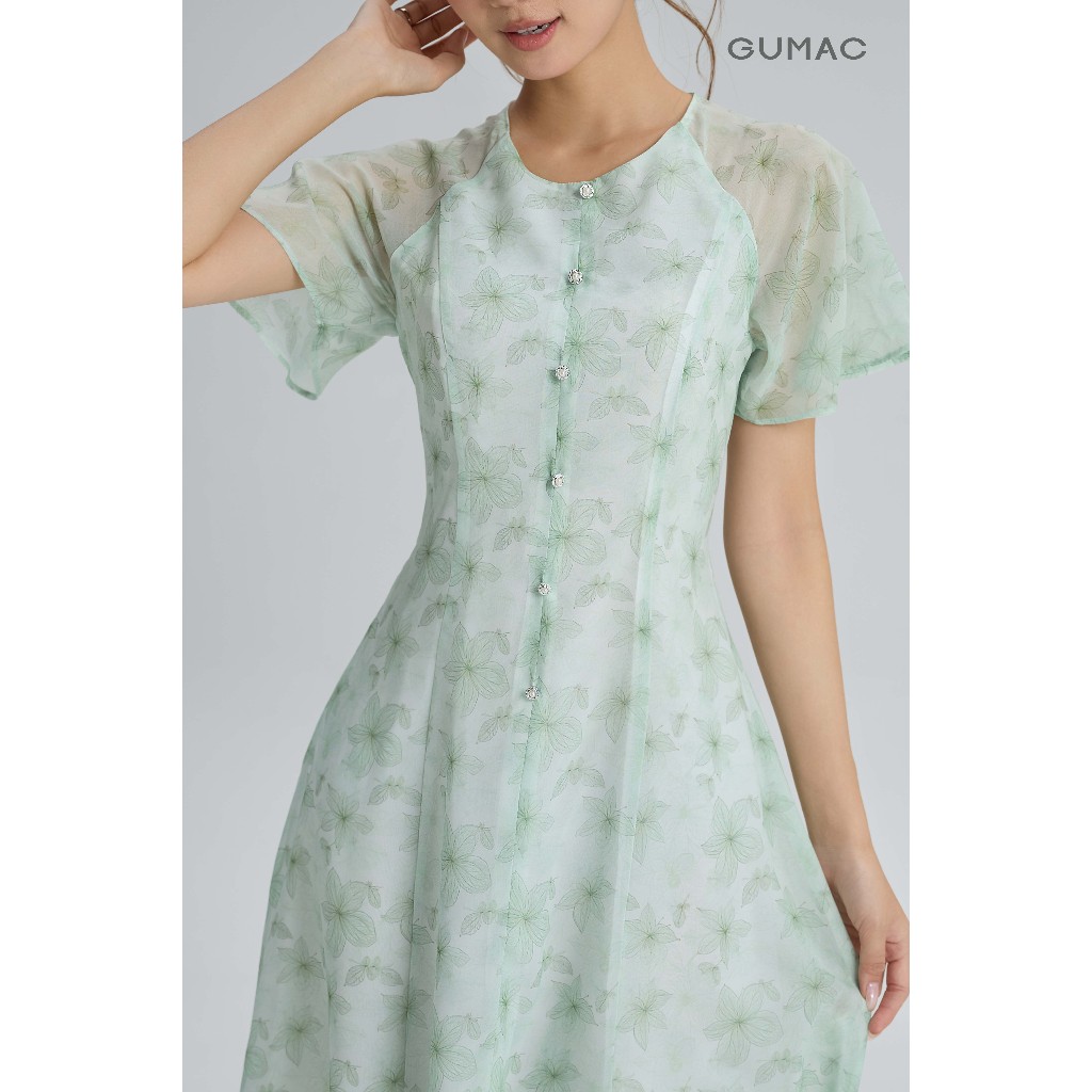Đầm Nữ Dáng A Xòe GUMAC Cổ Tròn Tay Cánh Tiên Đính Nút Trang Trí Chất Tơ 2 Lớp Bay Nhẹ Thanh Lịch DG06035