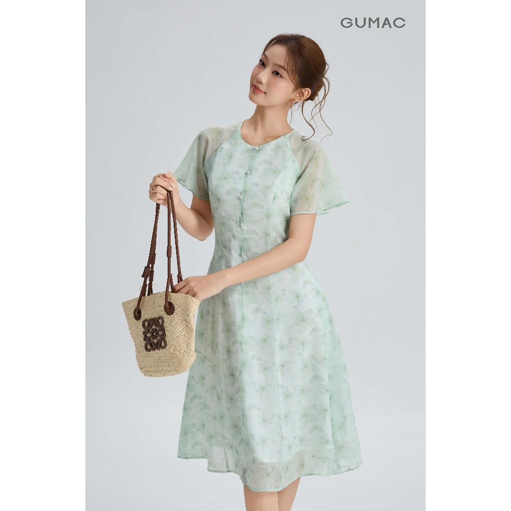 Đầm Nữ Dáng A Xòe GUMAC Cổ Tròn Tay Cánh Tiên Đính Nút Trang Trí Chất Tơ 2 Lớp Bay Nhẹ Thanh Lịch DG06035