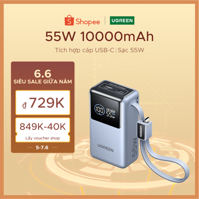 【Pin Sạc Dự Phòng Có Thể Đặt Hàng】Pin Dự Phòng UGREEN Sạc PB72710000mAh 55W 3 Cổng Cáp Tích Hợp, đèn LED màn hình