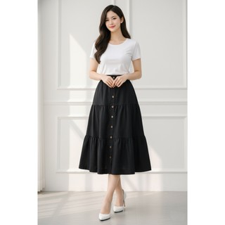 SWANLAKE | Chân Váy Nữ Dài Xòe Nhiều Tầng Lưng Thun Vải Linen Đính Nút Công Sở Thanh Lịch V13795