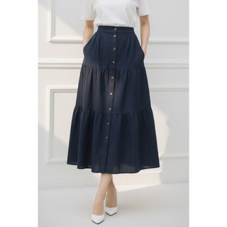 SWANLAKE | Chân Váy Nữ Dài Xòe Nhiều Tầng Lưng Thun Vải Linen Đính Nút Công Sở Thanh Lịch V13795