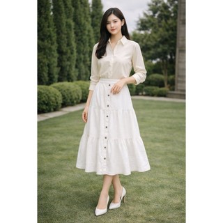SWANLAKE | Chân Váy Nữ Midi Dài Đuôi Cá Xòe Xếp Tầng Lưng Thun Vải Linen Đính Nút Thanh Lịch V13795