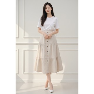 SWANLAKE | Chân Váy Nữ Dài Xòe Nhiều Tầng Lưng Thun Vải Linen Đính Nút Công Sở Thanh Lịch V13795